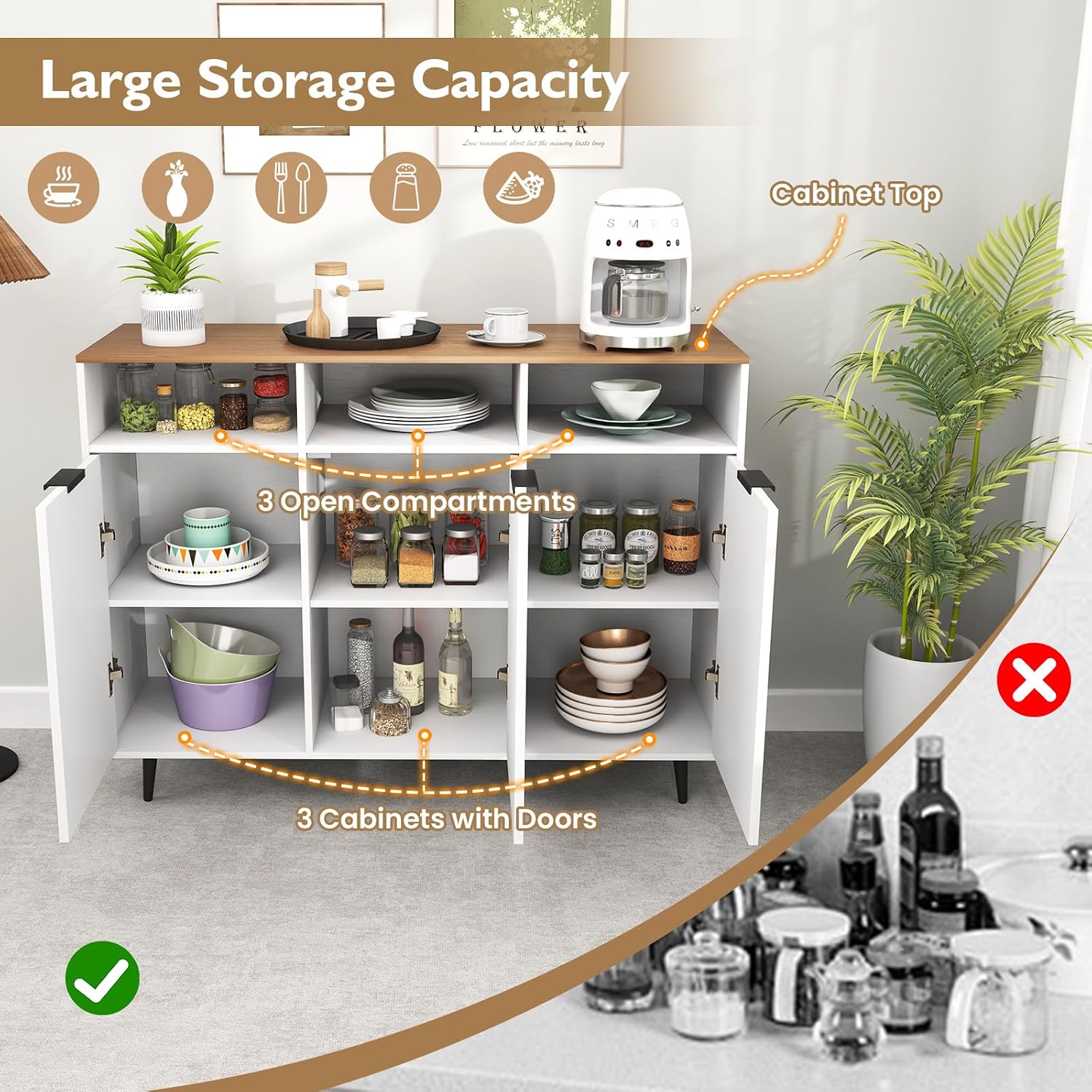 Giantex Sideboard Cabinet - 47” Buffet Cabinet with Storage Compartments, Countertop, 3 Doors Kitchen Cabinets, Modern Furniture for Living Room, Entryway, Coffee Bar (White & Natural)