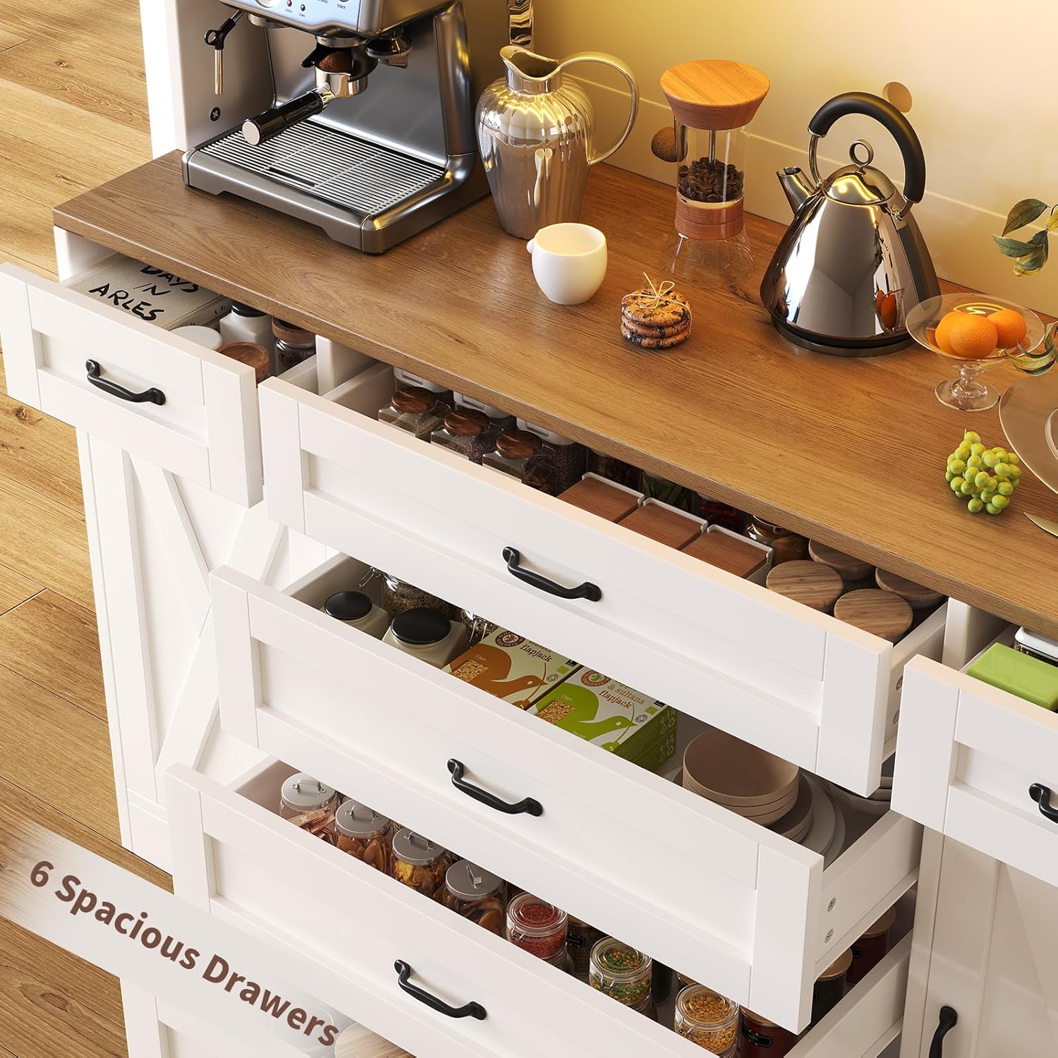 Yanosaku 71" Tall Pantry Cabinet with LED Lights & Charging Station, Farmhouse Kitchen Hutch with 6 Drawers & Adjustable Shelves, Spacious Storage Cabinet for Dining Room, White