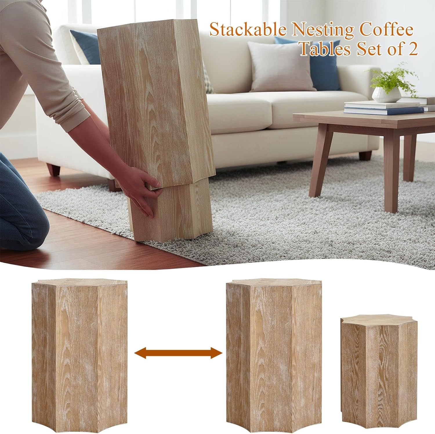 Nesting Coffee Table Set of 2,Modern Nesting Tables for Living Room,Octagonal End Table and Side Table Set,Wooden Center Table for Small Spaces,Plant Stand for Balcony,Fully Assembly,Natural Finish.