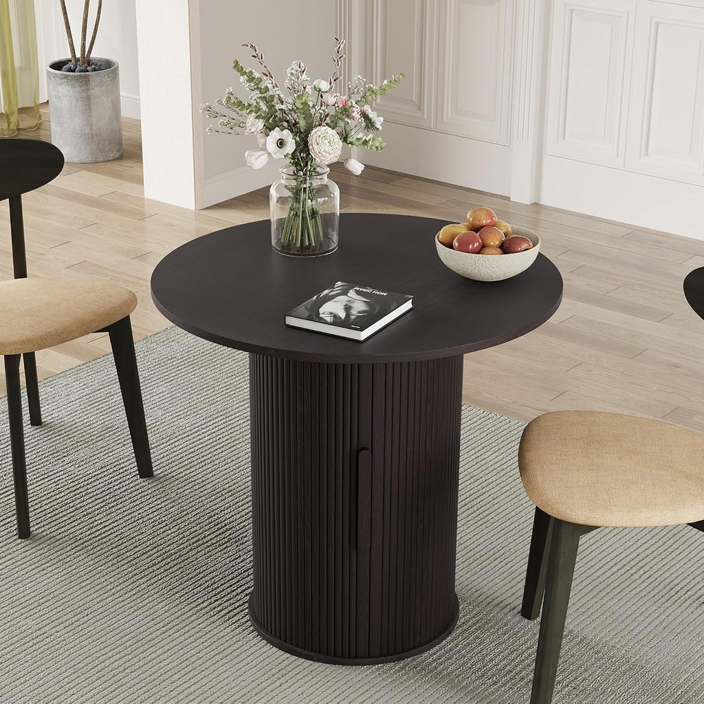 31.5" Round Dining Table for 2-4, Modern Kitchen Table with 2-Tier Storage Shelf, Small Wooden Circle Dining Tables with Fluted Base for Home Dining Room Living Room (Blackened Brown)