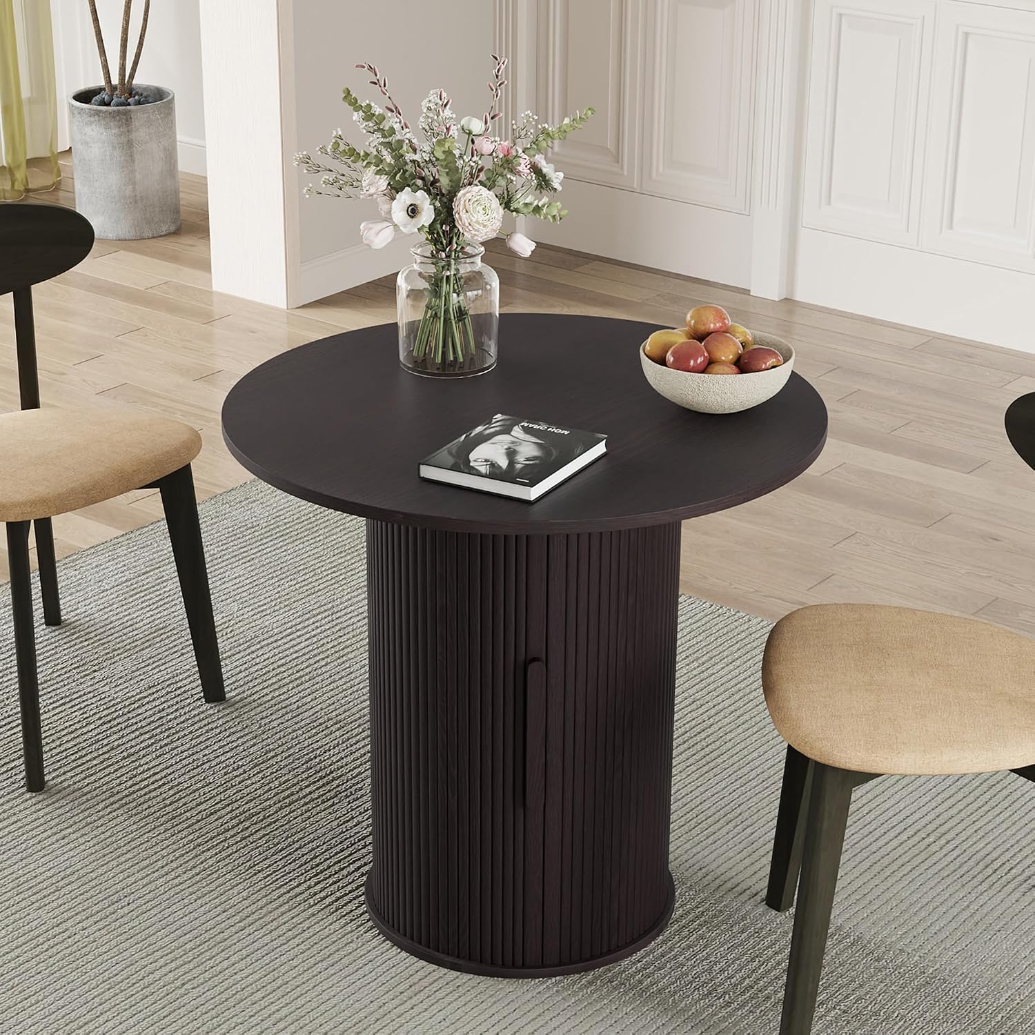 31.5" Round Dining Table for 2-4, Modern Kitchen Table with 2-Tier Storage Shelf, Small Wooden Circle Dining Tables with Fluted Base for Home Dining Room Living Room (Blackened Brown)