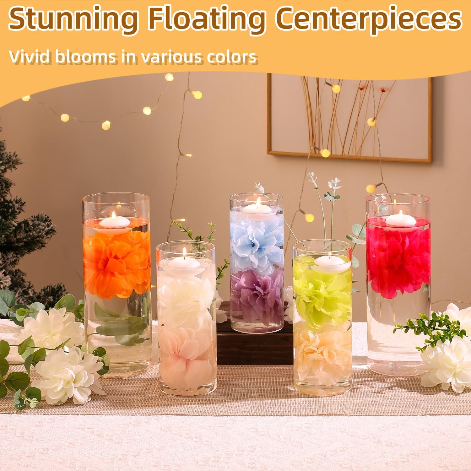 24 Pcs Floating Candles for Centerpieces and Floating Flowers Artificial Flowers Head Vase Filler for Party Home Table Wedding Centerpieces Decoration (White)