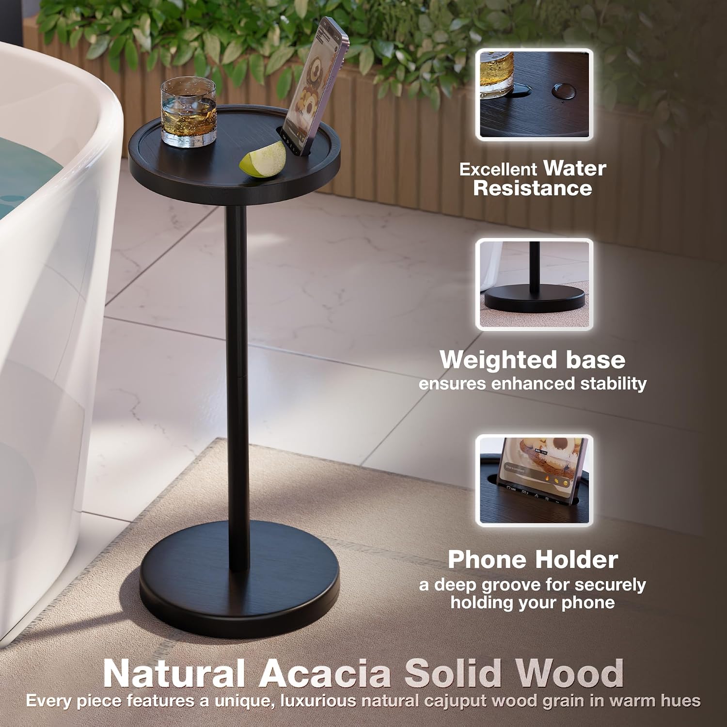 BLUEWEST Drink Table, 22" Tall Compact Side Table with Phone Slot and Weighted Base, Durable Pedestal Table Accent for Living Room, Bedroom, or Office, Cocktail and Martin (1, Black)