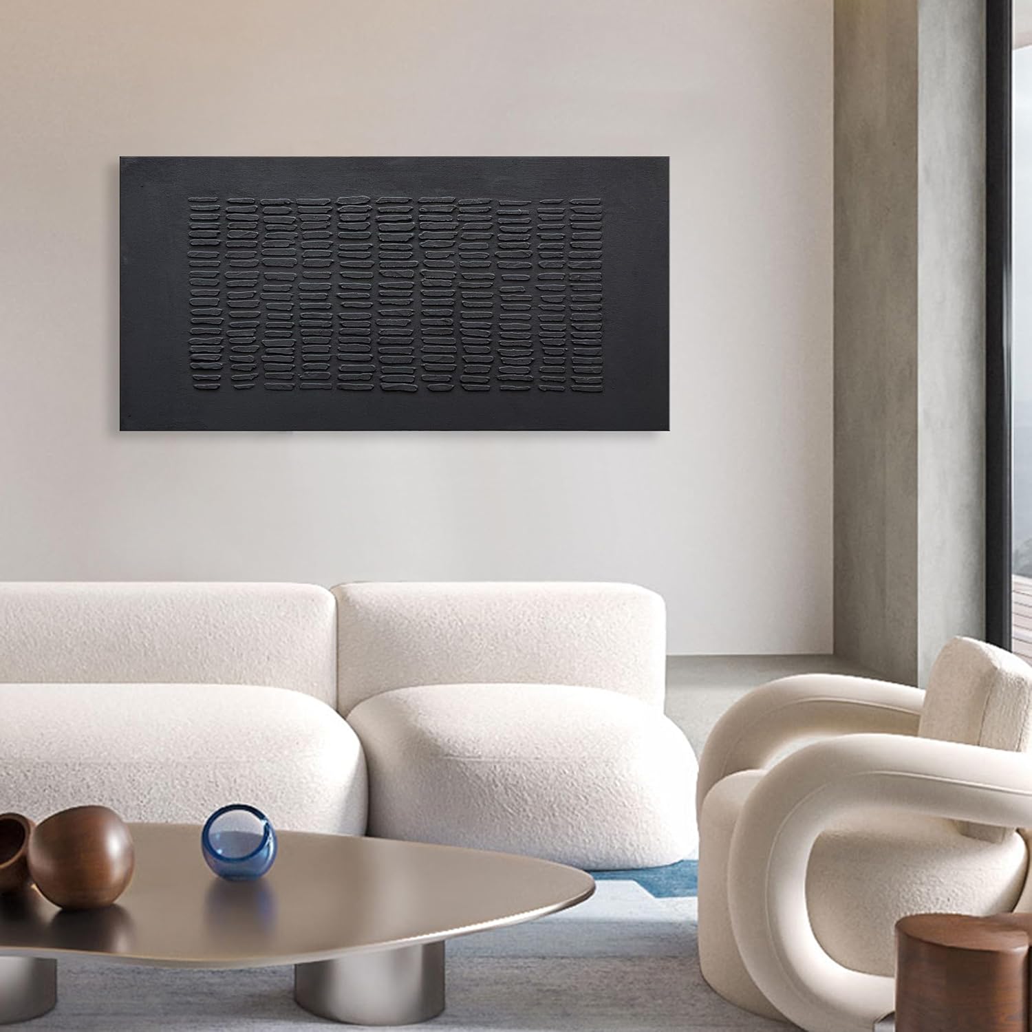 NANKAI Art Hand-Painted Black Thick Texture Abstract Art Oil Painting Contemporary Minimalist Style Art Living Room Office Corridor Wall Decoration Oil Painting 24x48 inches