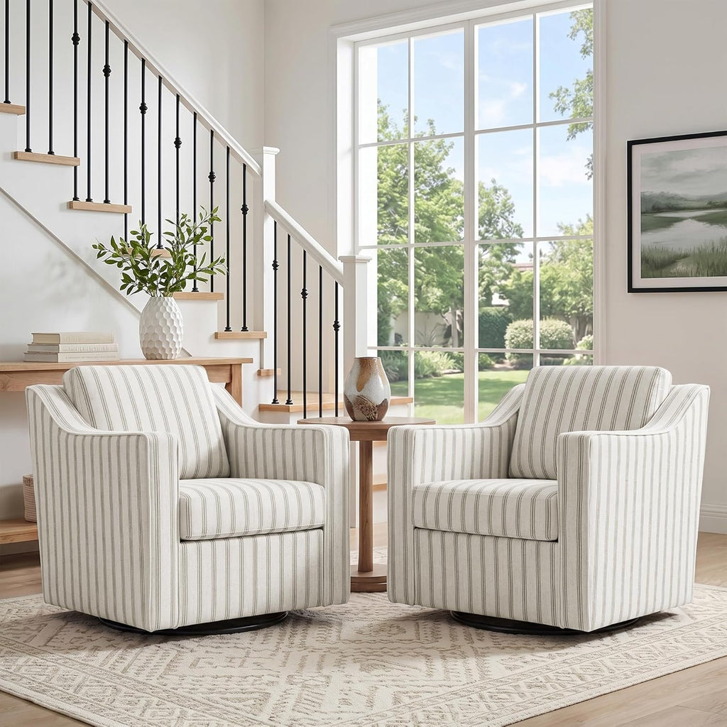 Swivel Accent Chair, Modern Round Barrel Arm Chair for Living Room, Bedroom, Comfy Club Reading Chairs for Adults (Pinstripe Light Brown, Set of 2)
