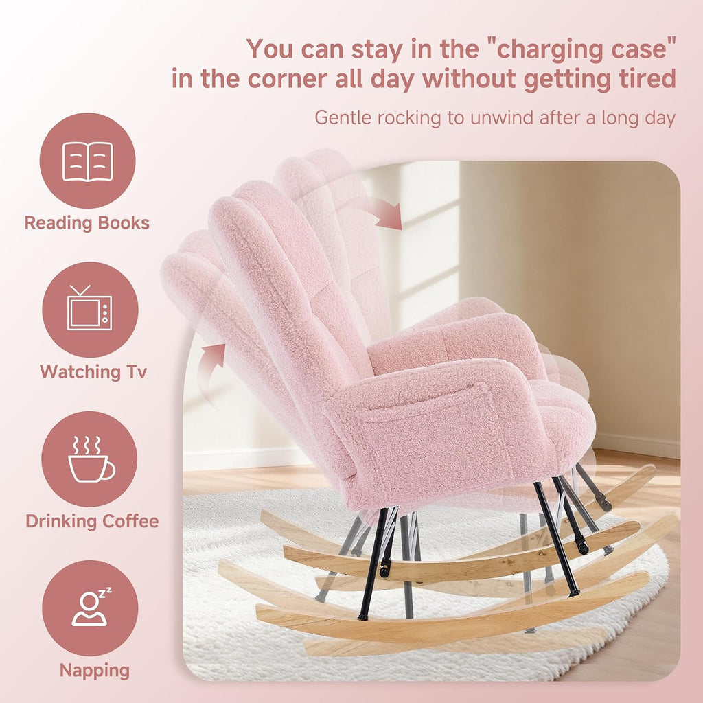 KEEZY Nursery Rocking Chair with Footrest Upholstered Glider Rocker Padded Seat with High Backrest Armchair Comfy Side Chair for Living Room Bedroom Pink Sherpa