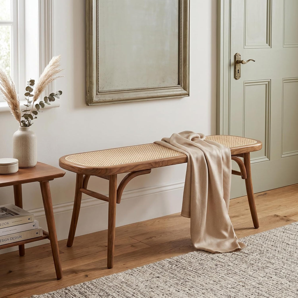 Farmhouse Wood Dining Bench with Rattan Seat, Boho Accent Bench for Entryway Bedroom End of Bed Kitchen Window Small Space