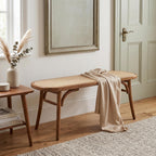 Farmhouse Wood Dining Bench with Rattan Seat, Boho Accent Bench for Entryway Bedroom End of Bed Kitchen Window Small Space