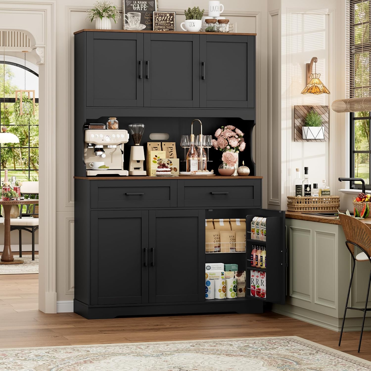 FACBOTALL Tall Kitchen Pantry Cabinet, Farmhouse Food Pantry Cabinet with Doors and Adjustable Shelves, Kitchen Hutch with Countertop and Microwave Stand for Dining Room, Living Room, Black