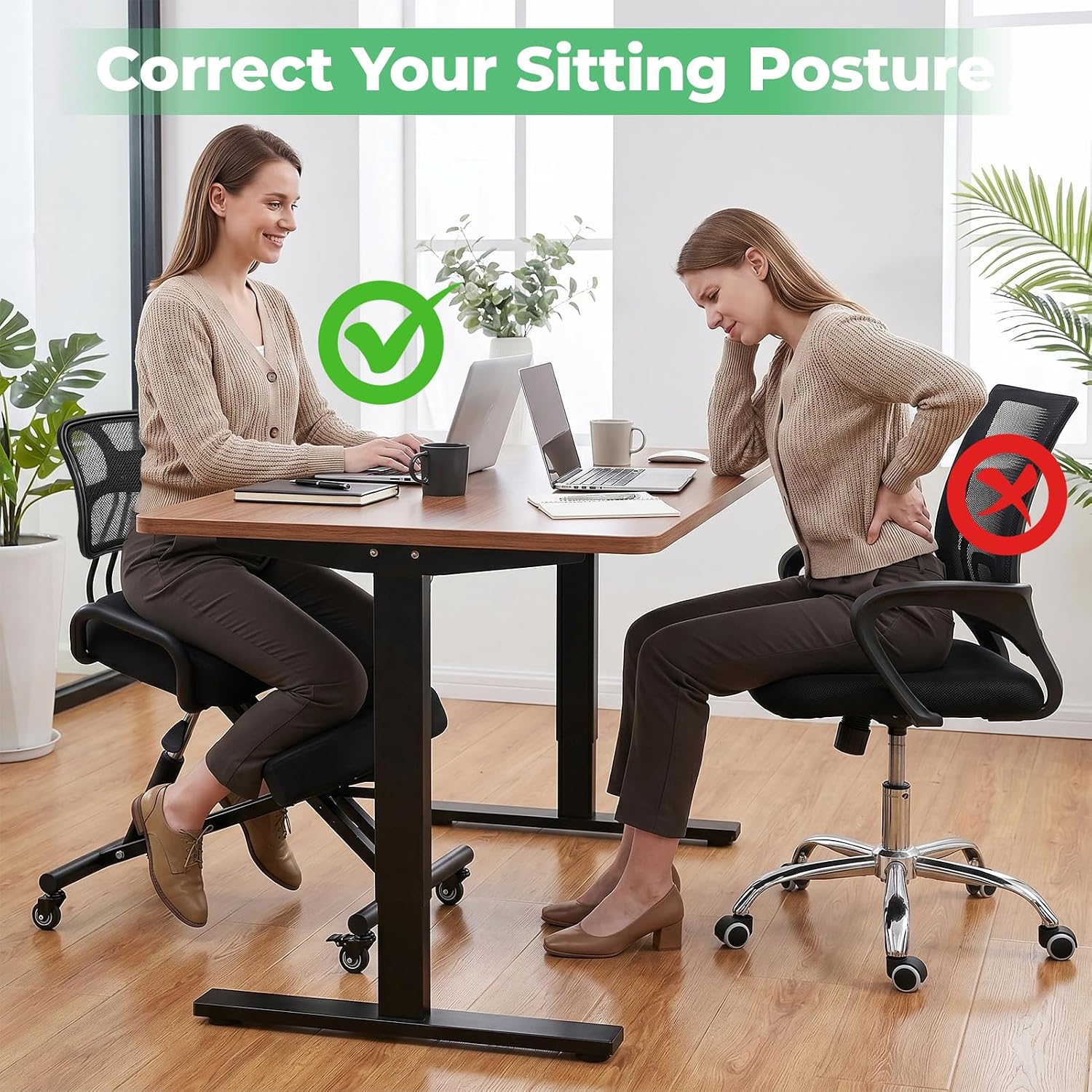 Adjustable Ergonomic Kneeling Chair, Rolling Knee Chair with Backrest and Brake Casters, Posture Support Office Chair for Home Office, Computer Desk, Study Room and Creative Workspaces
