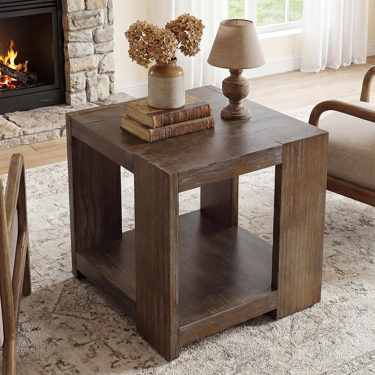 2-Tier Side Table for Living Room Set of 2, Rectangular End Table with Open Storage, Farmhouse Accent Bedside Table for Bedroom, Brown