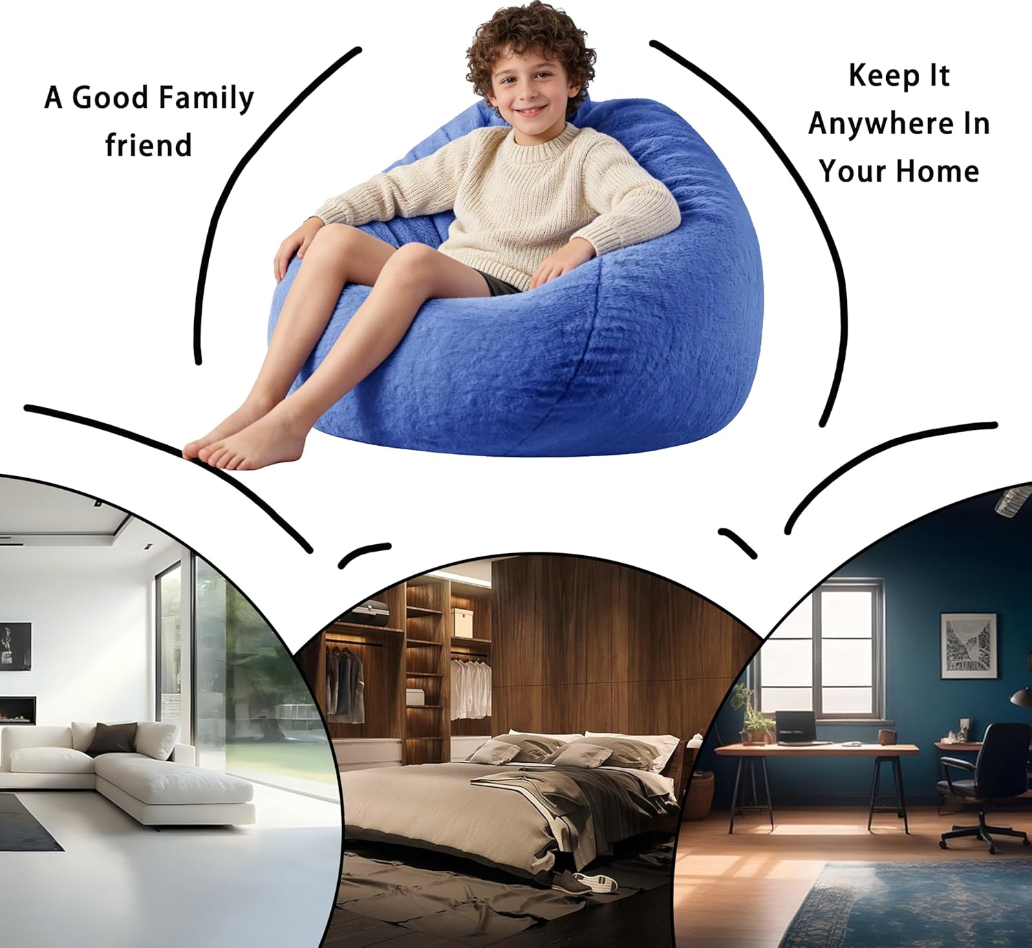 ENBAOHUI 3FT Faux Fur Comfy Memory Foam Bean Bag Chairs for Kids or Babies with Filling Bean Bag Sofa with Handle Super Soft Washable Faux Fur Fabric Lazy Sofa 3 Foot Dark Blue