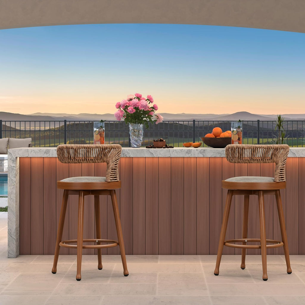 PURPLE LEAF Outdoor Swivel Counter Height Stools Set of 4 Metal Modern Rattan Bar Chairs with Backrest Aluminum Woven Barstools with Cushions for Kitchen Balcony Garden Indoor Teak