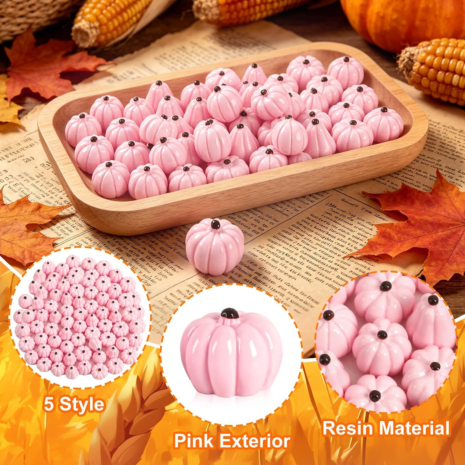 60Pack Mini Pink Resin Pumpkins for Halloween Fall Decorating | Tiny Resin Pumpkins, Halloween Fall Thanksgiving Table, DIY Crafts Vase Fillers, 60Pcs Mini Fake Artificial Pumpkins