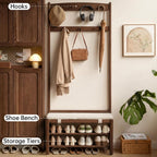 Oak Coat Rack, Solid Wood Hall Tree with Shoe Bench, 2-Tier Shoe Rack with 7 Hooks for Entryway, Hallway, 13.8" x 31.5" x 72.8", Walnut