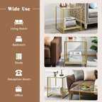 18 Inch Square Tempered Glass Gold End Table with 2-Tier Storage Shelf, Modern Gold Metal Frame Sofa Side Table Clear Glass Accent Table for Living Room Bedroom Small Spaces