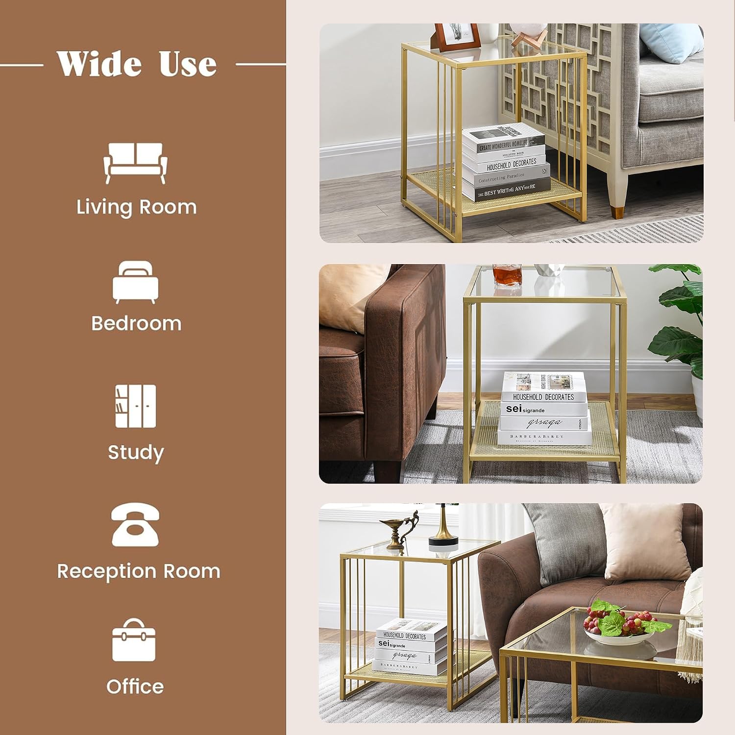 18 Inch Square Tempered Glass Gold End Table with 2-Tier Storage Shelf, Modern Gold Metal Frame Sofa Side Table Clear Glass Accent Table for Living Room Bedroom Small Spaces