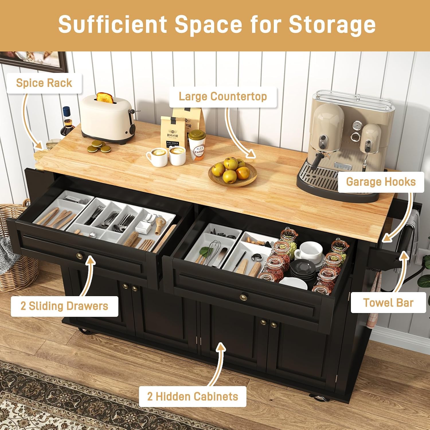 Hlivelood 59.1" Movable Kitchen Island with Drop Leaf and Power Outlet, Rolling Island Cart w/Storage Cabinet, Island Table on Wheels for Kitchen w/2 Drawers, Spice Rack, Towel Bar, Garage Hook, Black