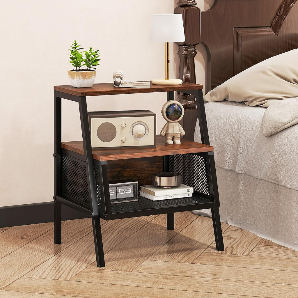 Giantex Industrial Nightstand, Modern End Table w/Open Shelves & Metal Mesh, 3-Tier Sofa Side Table w/Sturdy Trapezoidal Metal Frame, Night Stand for Bedroom, Small Spaces, Rustic Brown (1)