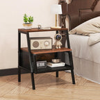 Giantex Industrial Nightstand, Modern End Table w/Open Shelves & Metal Mesh, 3-Tier Sofa Side Table w/Sturdy Trapezoidal Metal Frame, Night Stand for Bedroom, Small Spaces, Rustic Brown (1)