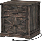 RALGEND Farmhouse End Table with Charging Station, 24'' Sofa Side Table with 2 Drawers and Barn Door, Large Rustic Wooden Square Nightstand for Bedroom, Living Room, Dark Rustic Oak