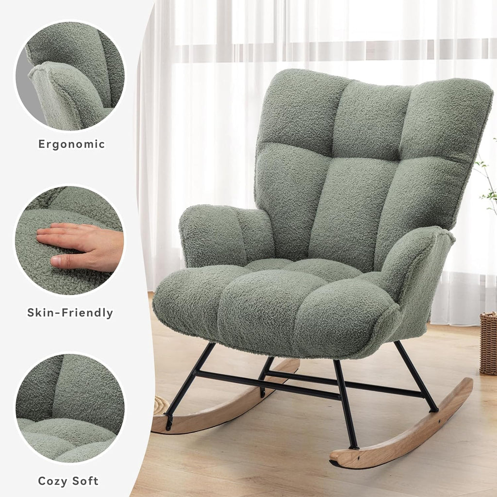 SAETSFEG Rocking Chair Nursery Teddy Upholstered Glider Rocker Small Rocking Chair Indoor Nursering Chair for Small Space Green