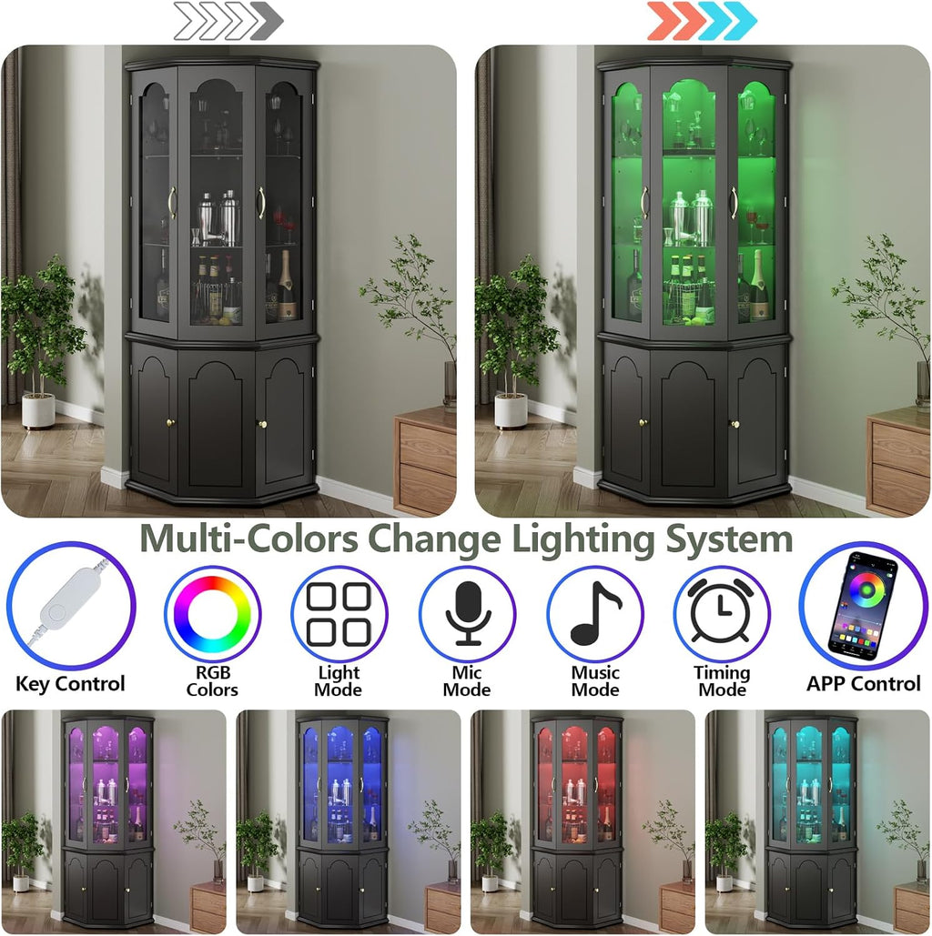 Gyfimoie Corner Bar Cabinet w/LED Lights, Tall Modern Wine Cabinet with Tempered Glass Door & Adjustable Shelves, Home Bar Liquor Storage Cabinet with Glass Rack for Living Room, Dining Room (Black)