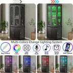 Gyfimoie Corner Bar Cabinet w/LED Lights, Tall Modern Wine Cabinet with Tempered Glass Door & Adjustable Shelves, Home Bar Liquor Storage Cabinet with Glass Rack for Living Room, Dining Room (Black)