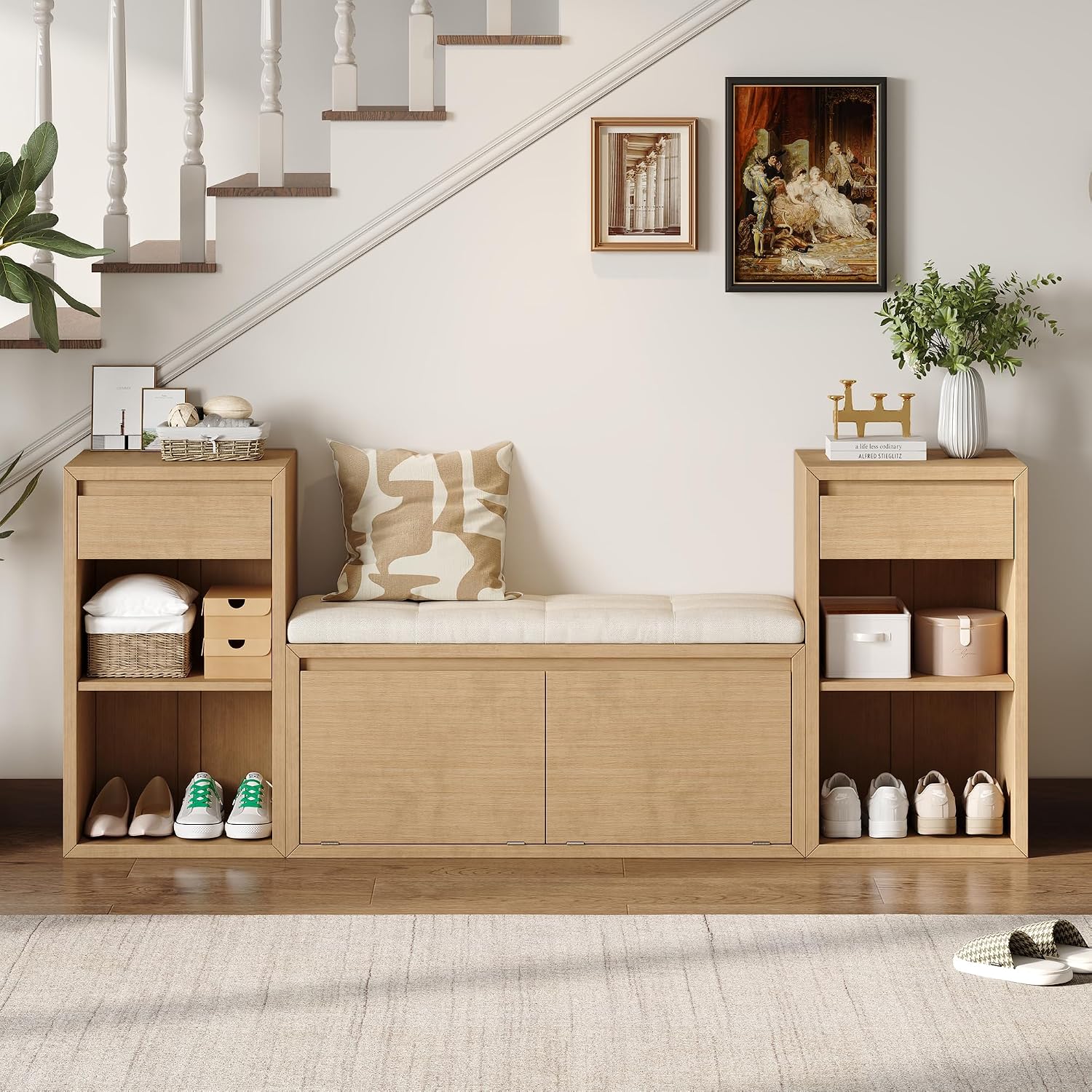 Merax Shoe Storage Bench with Cushion & Flip Compartments, All-in-One Entryway Bench with Drawers and Open Shelves, Solid Wood Storage Bench for Mudroom Hallway Living Room, Rustic Brown