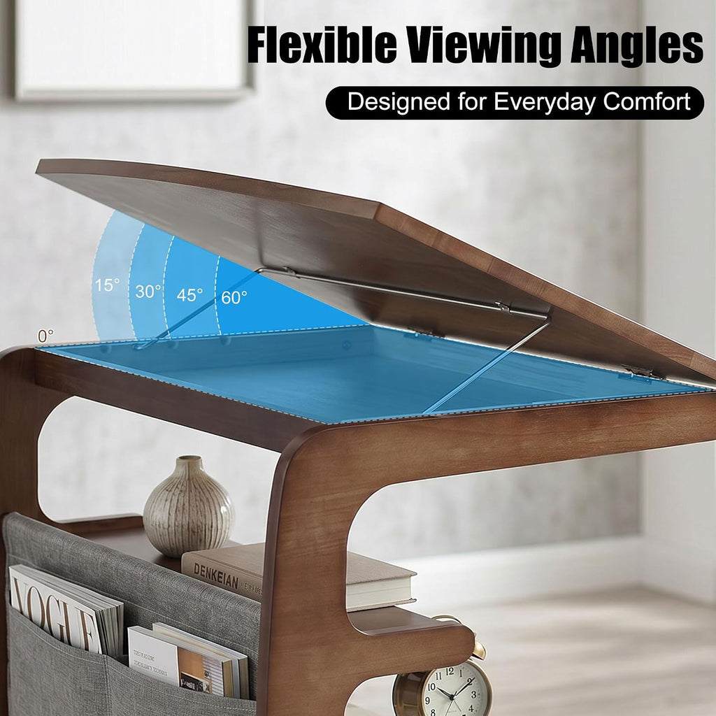 100% Solid Wood C Shaped End Table with Swivel Wheels, Lift Top Couch Table with Storage, Rolling Table that Slide Under Sofa & Bed, 15.75" D x 23.62" W x 24.8" H