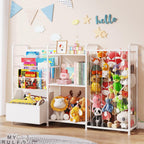 BBLIKE Kids Bookshelf and Toy Storage Organizer, 3-in-1 Toddler Montessori Bookcase with Stuffed Animal Storage & Movable Toy Chest, Large Plushies Holder for Nursery Playroom Bedroom, White