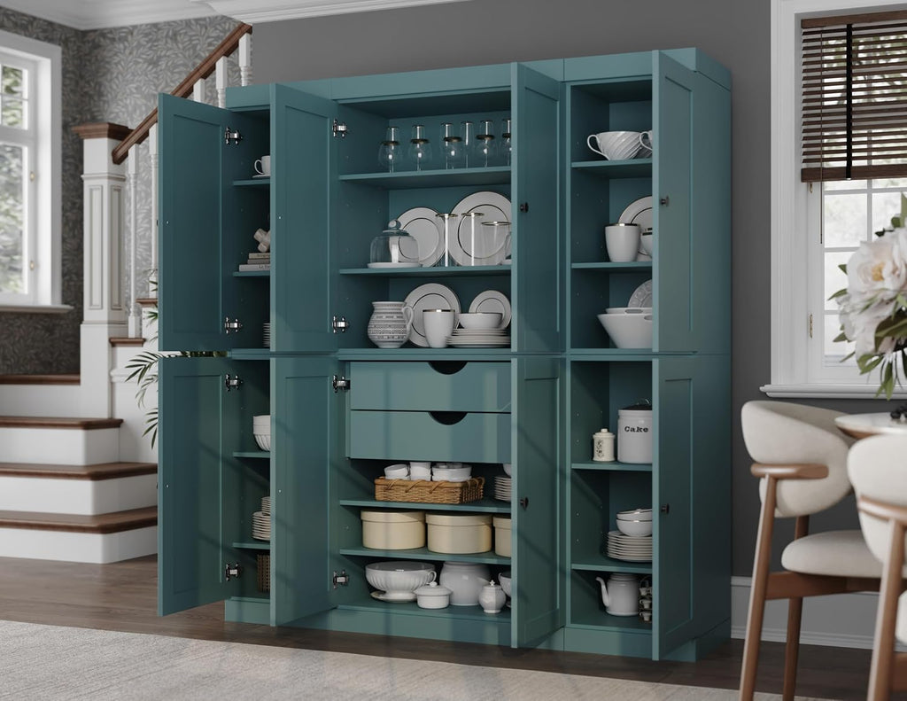 Palace Imports Solid Wood Pantry Cabinet - 71.5" Tall x 65" Wide - Wood Storage Cabinet w/ 8 Shaker Wooden Doors, 2 Drawers & 12 Adjustable Shelves - Aqua, Kitchen Cupboard, 100% Eco-Friendly Pine
