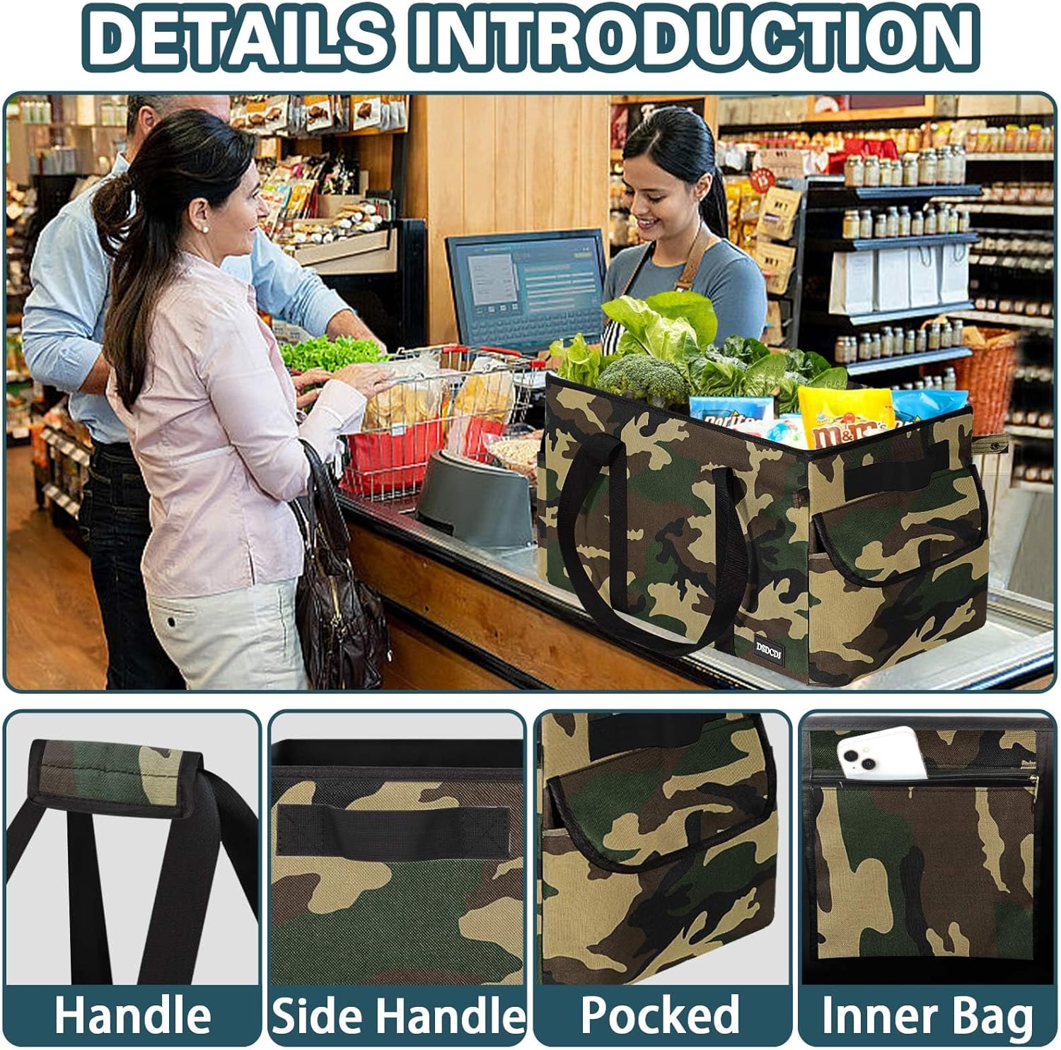 Sturdy Extra Large Utility Tote Bag with Hard Bottom & Sides, Heavy Duty Grocery Tote Bag, Thirty One Utility Tote with Handles for Shopping, Beach, Picnics, Camping, Car (22.5"x11"x12", Camo)