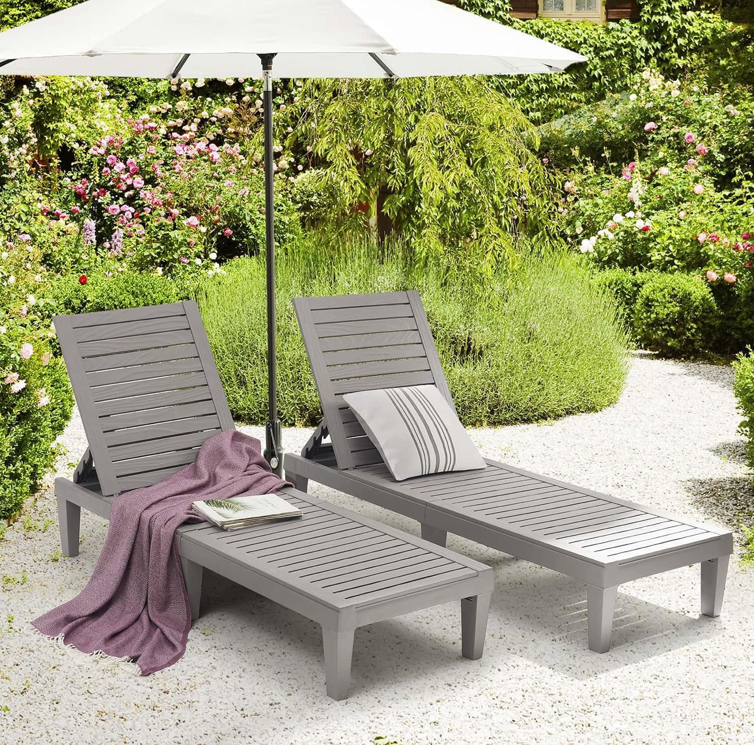 Nestl Sun Tanning Chair - Light Grey Chaise Lounge Chair Outdoor, Lightweight Pool Lounge Chairs Set of 2, Adjustable 5-Position Reclining Lawn Chair, Waterproof Beach Outdoor Lounge Chairs