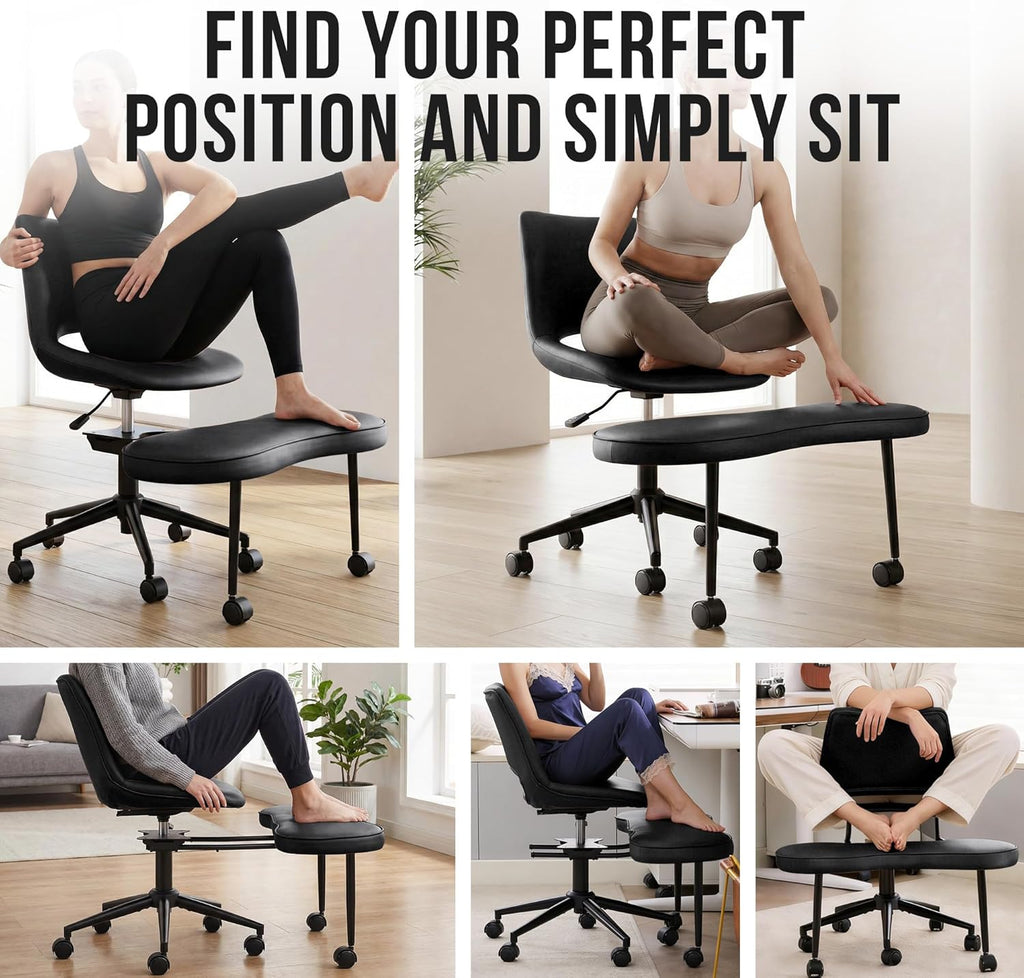 Ergonomic Cross-Legged Lounge Chair – High Lumbar Support, Adjustable Height, 360° Swivel, Wide Criss Cross Seat, Smooth Wheels – Ideal for Meditation, Yoga, ADHD – PU Leather, Black