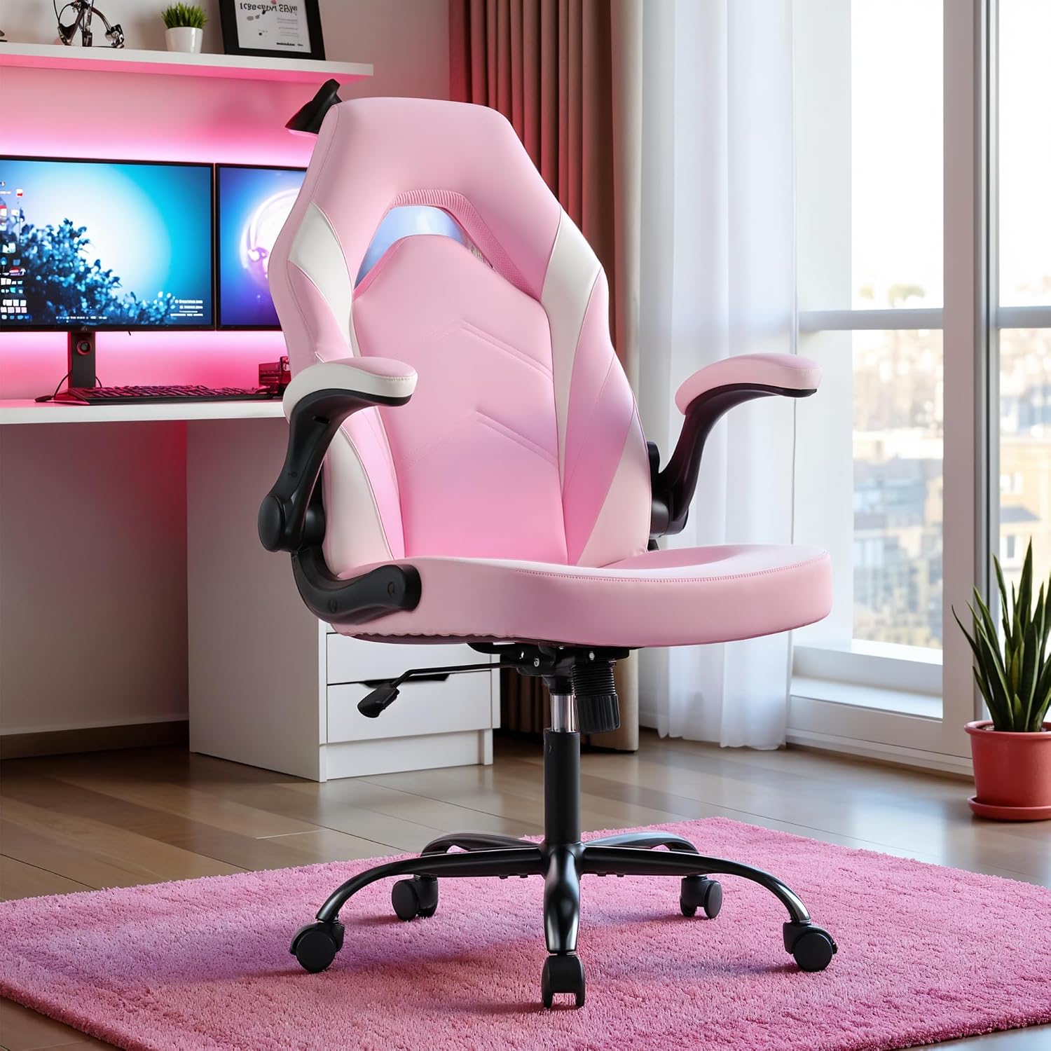 Ergonomic Gaming Desk Chair - Adjustable PU Leather Swivel Racing Chair with Flip-up Armrests for Home Office and Entertainment, Perfect for Adults, Kids, and Gamers