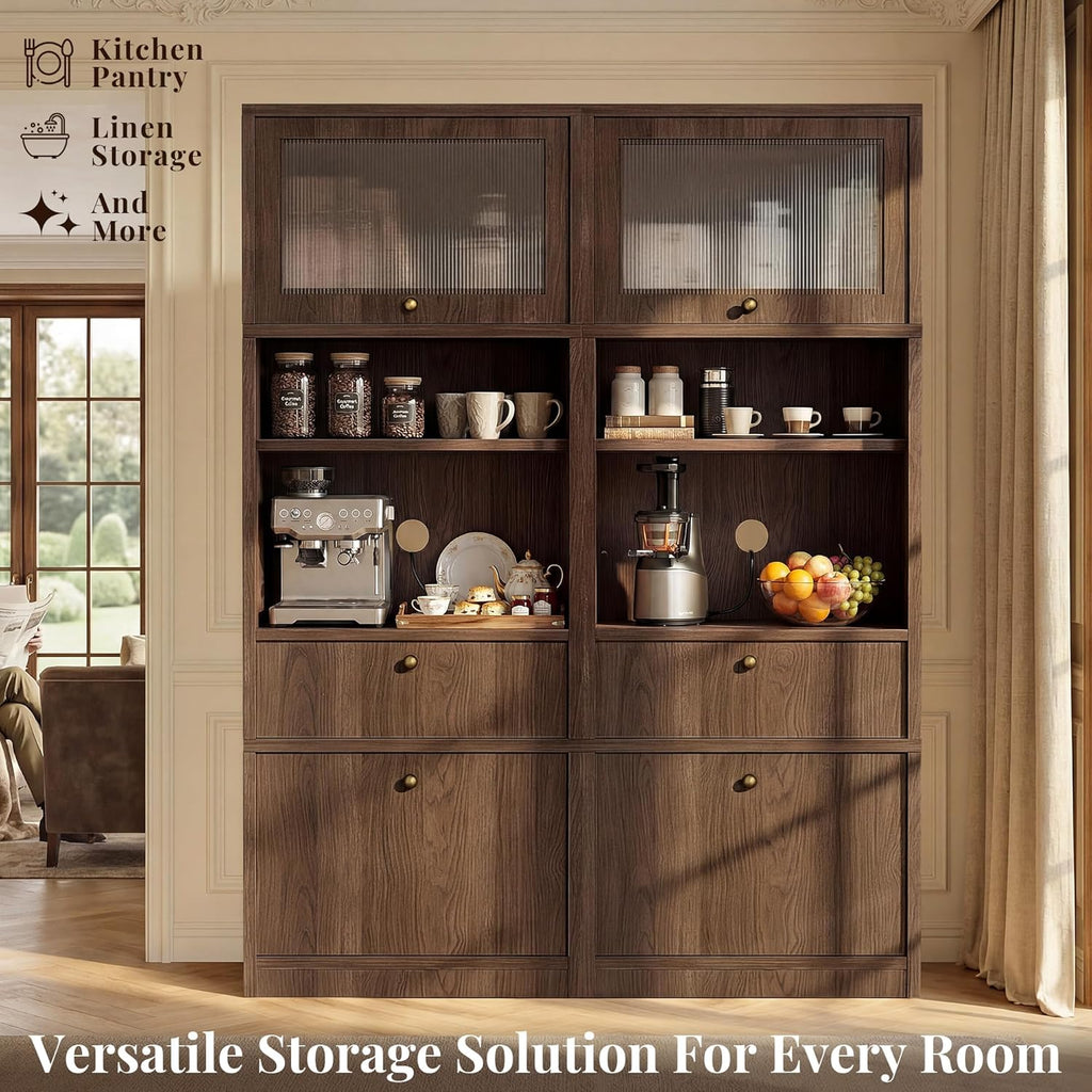 71''Tall Kitchen Pantry Cabinet with Oversized Microwave Shelf & Coffee Station-Tall Extra Deep Storage Hutch, Fluted Acrylic Doors,Adjustable Shelves,Drawers, Anti-Tip,Walnut