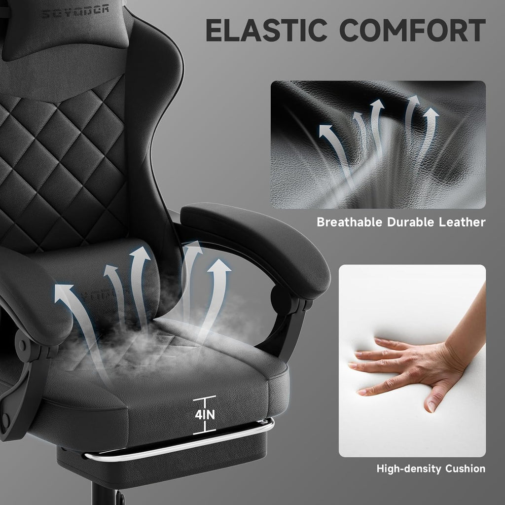 Gaming Chair with Footrest, Ergonomic Leather Computer Chair with Lumbar Support, Height Adjustable High Back Swivel Office Chair for Adults, Gamer Chair for Gaming, Working,Black