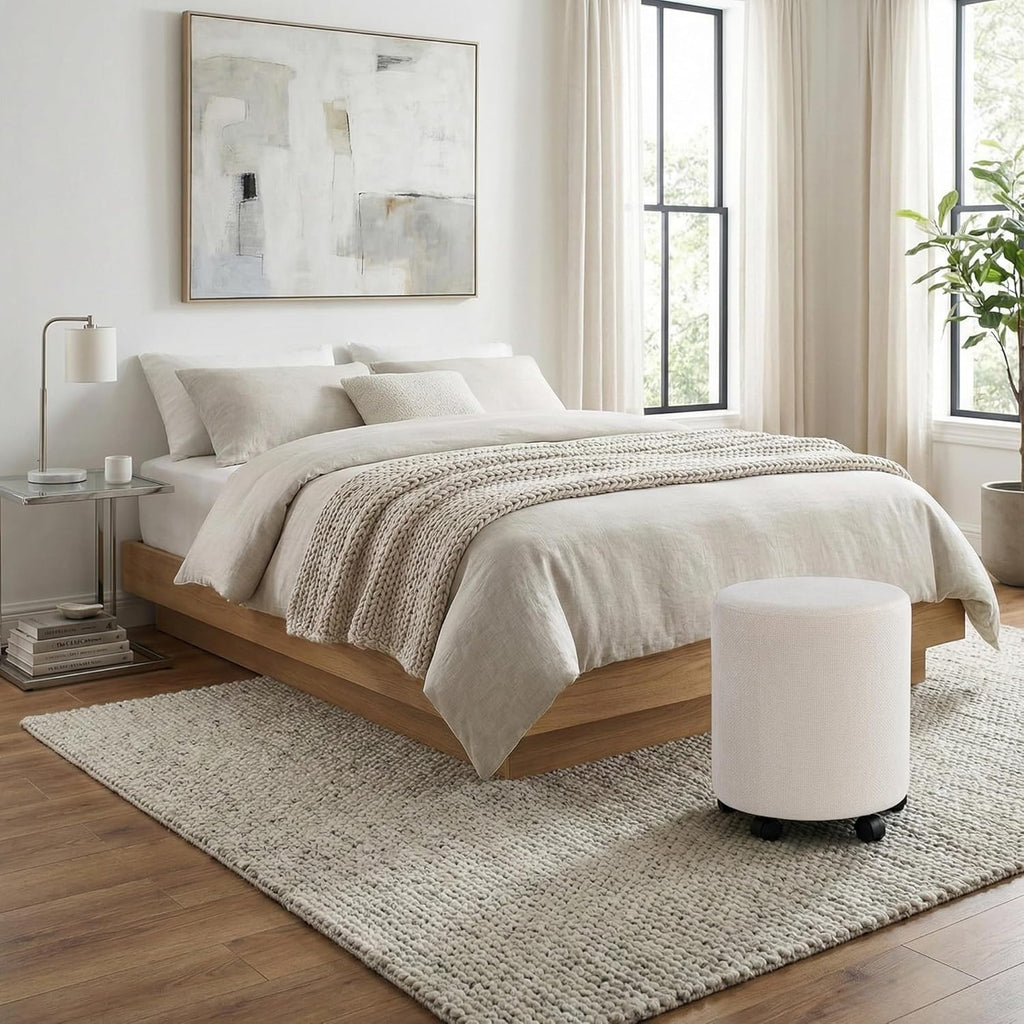 Get Set Style Ottoman with Wheels, Rolling Vanity Stool for Makeup, Upholstered Vanity Rolling Chair Footrest Round Ottoman Foot Stool for Living Room, Bedroom Beige