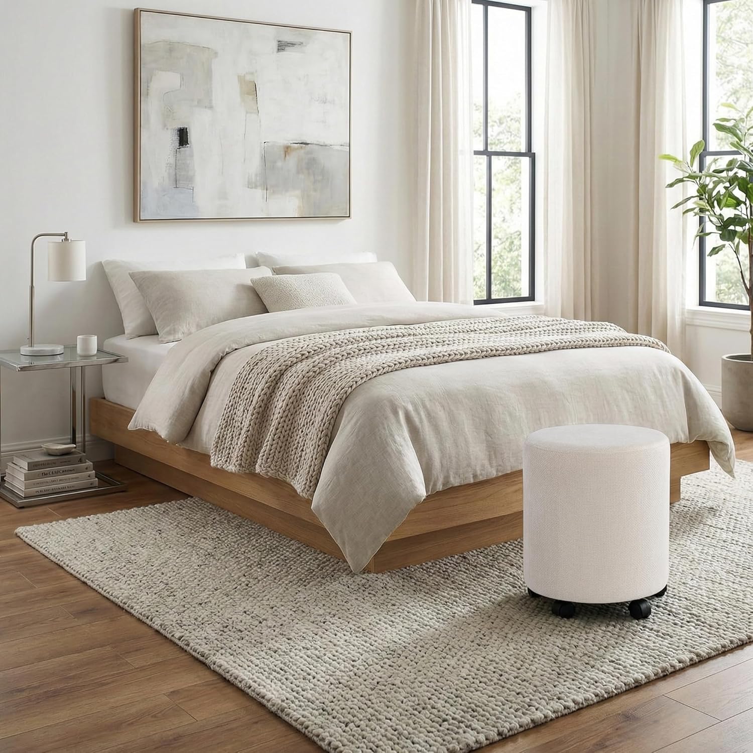 Get Set Style Ottoman with Wheels, Rolling Vanity Stool for Makeup, Upholstered Vanity Rolling Chair Footrest Round Ottoman Foot Stool for Living Room, Bedroom Beige