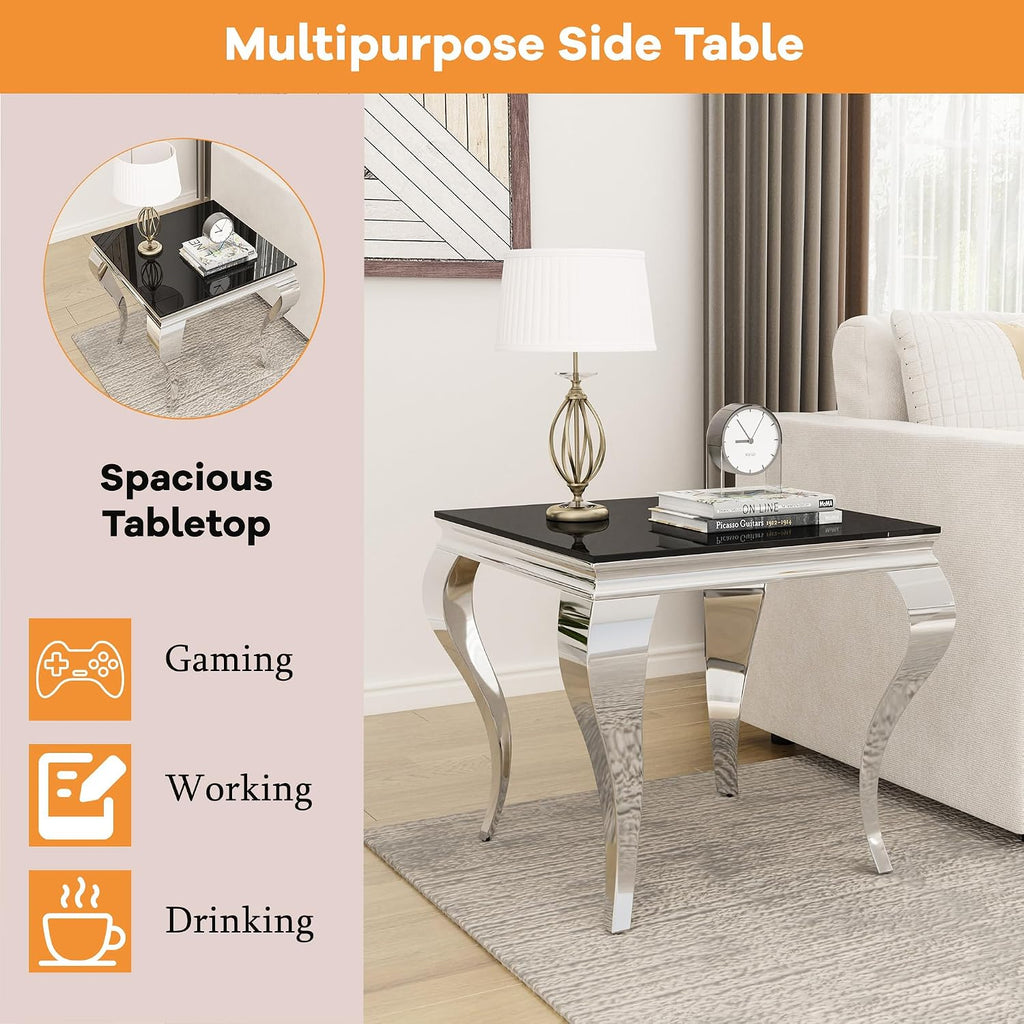 22.8 Inch Glass End Table, Modern Small Square Side Table with Black Tempered Glass Top and Silver Stainless Steel Legs, for Living Room, Bedroom, Apartment