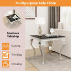 22.8 Inch Glass End Table, Modern Small Square Side Table with Black Tempered Glass Top and Silver Stainless Steel Legs, for Living Room, Bedroom, Apartment