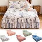 3-Piece Ruffled Bed Skirt Set with Floral Print, Floral Ruffled Bed Skirt 3-Piece Set, Soft Bedding Set with Pillowcase, Elegant Bed Sheet Set for Bedroom Decor (White, 60×80 inches)