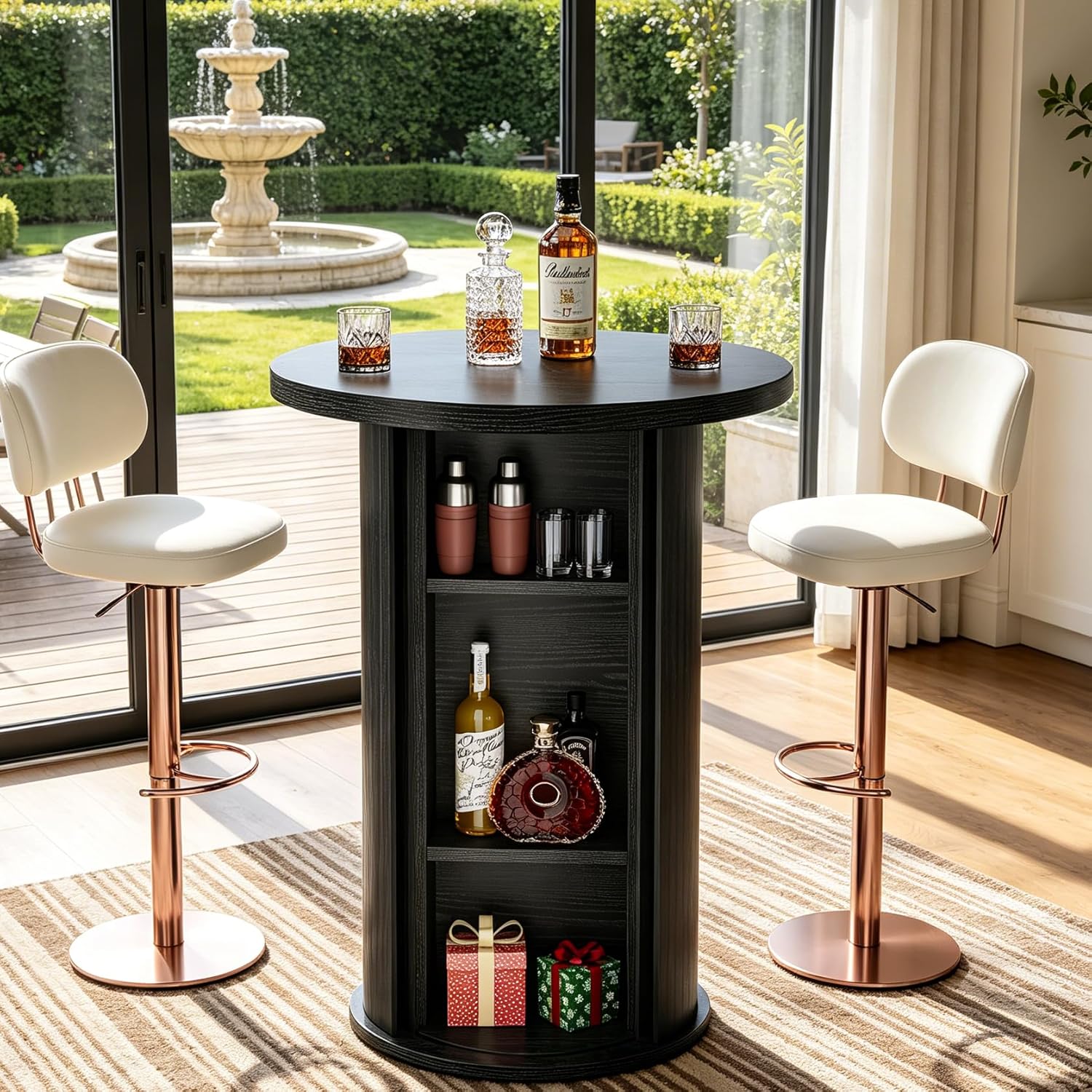 Tribesigns Round Bar Table, 35.4" Bar Height Bistro Pub Table with 3-Tier Hidden Storage & Slide Door, Wood High Top Cocktail Table for Home Bar, Kitchen, Small Space