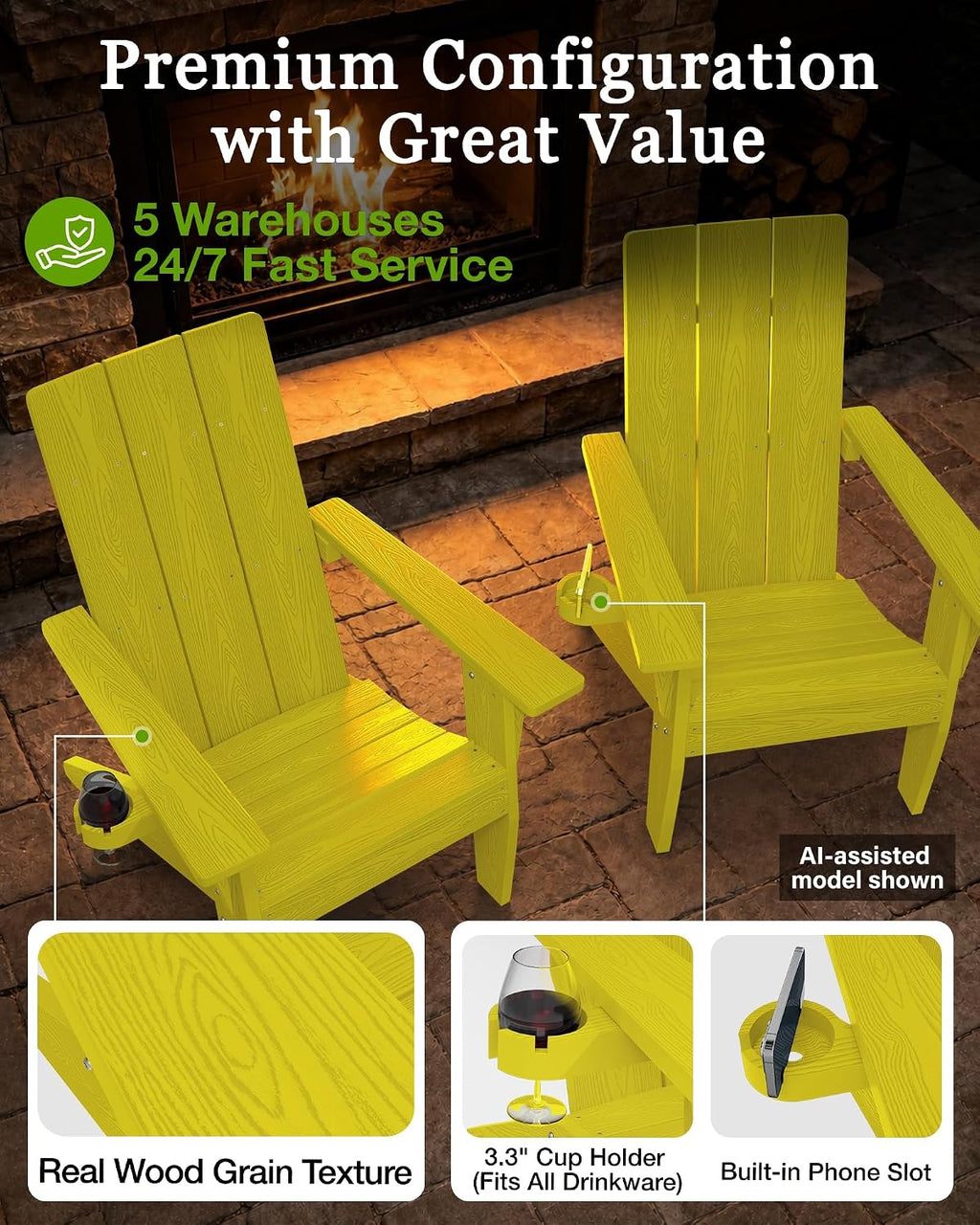 MXIMU Adirondack Chairs Set of 4 Outdoor: 450lb Capacity&33in Tall Backrest Oversized Modern Adirondack Chairs - Comfortable All-Weather Fire Pit Chair - Easy Assembly True Wood Grain Lawn Chair