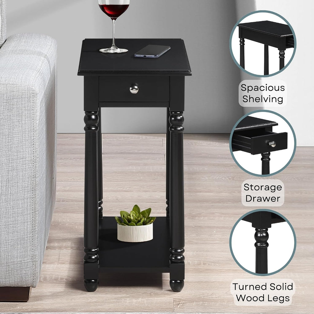 Convenience Concepts French Country Regent Chairside End Table 23.75" - 3 Tier Narrow Farmhouse Side Accent with Storage Drawer & Shelf for Transitional Living Room, Bedroom Nightstand, Black