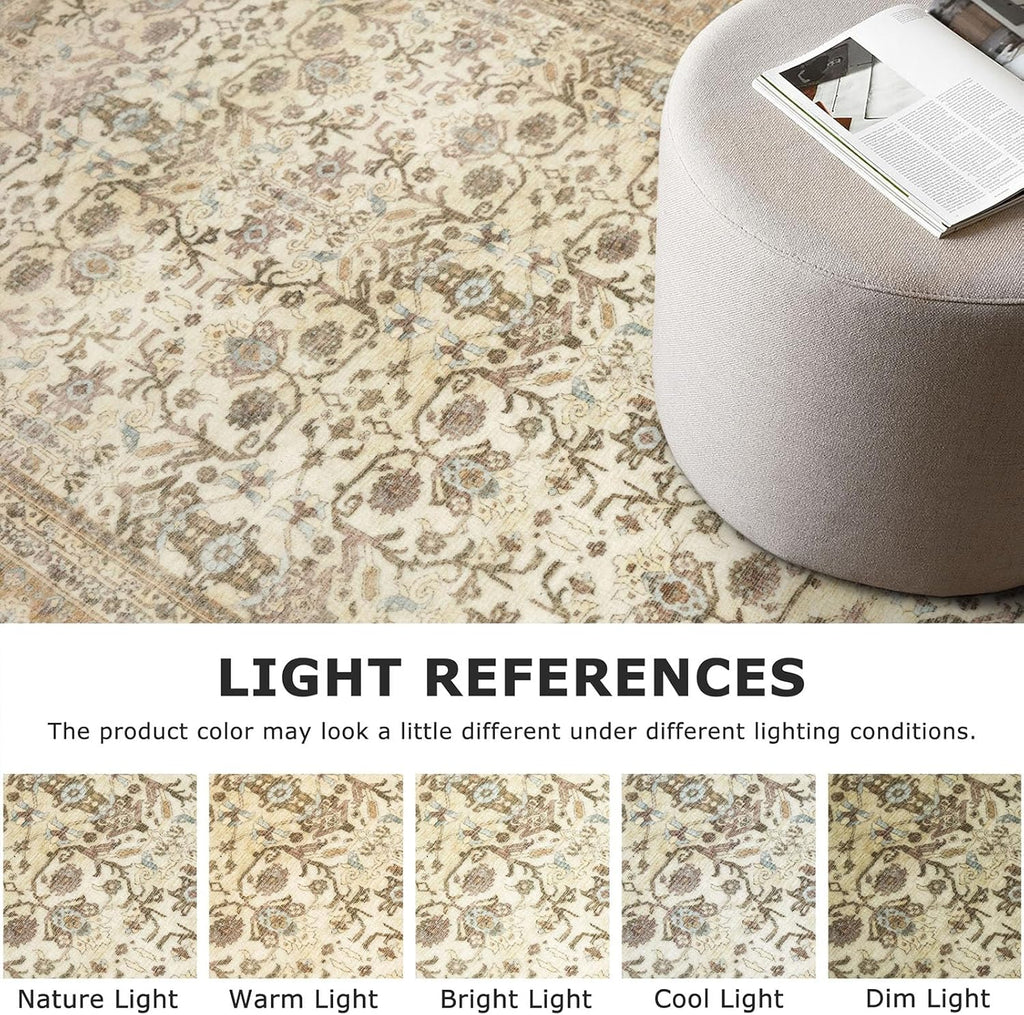 SIILOOM 2x6 Washable Runner Rug for Hallways, Beige Brown Soft Vintage Tribal Kitchen Rugs with Non-Slip, Non-Shedding Tribal Floral Rug for Bedroom Kitchen Porch Laundry Entryway