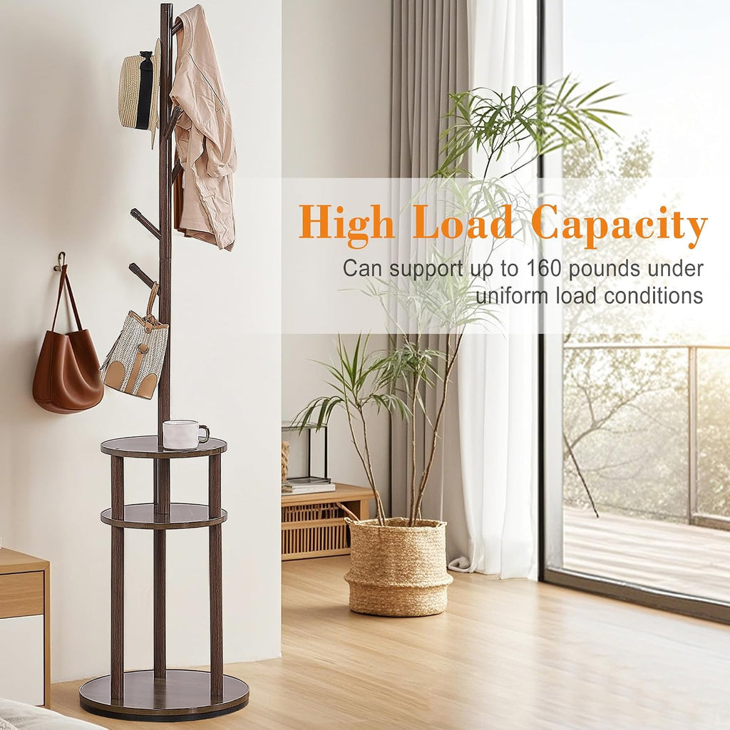 VECELO Coat Rack Freestanding, Entryway Hanger Stand, Umbrella Holder, Hall Tree With Hooks, Floor Standing Tree Stand,Walnut