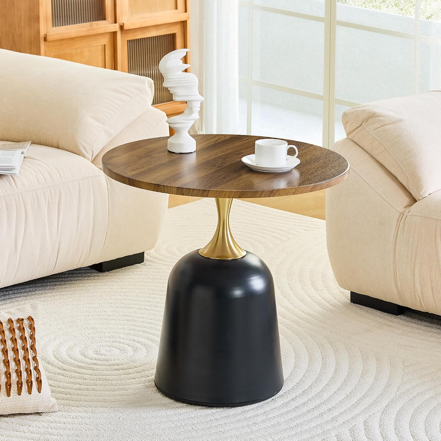 Round Side Table, 23.6 Inch, Walnut Wood Top with Black and Gold Metal Base, Modern Living Room End Table