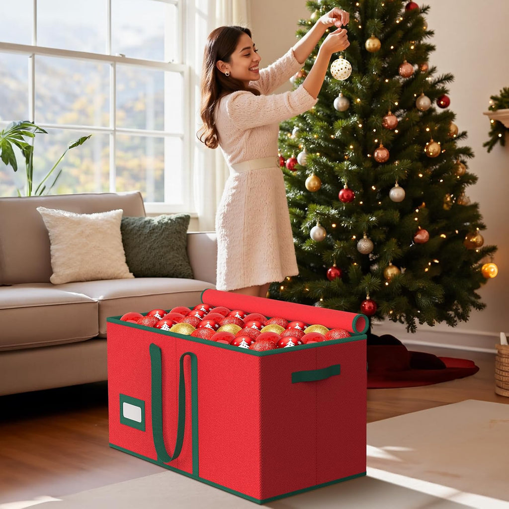 Christmas Ornament Storage Box-Store 128/3" Ornaments, Ornament Organizer Storage box with Dual Zipper Closure Lid & Adjustable Dividers, Large Xmas Decoration Storage Containers, 600D Tear-Proof/Red